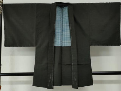 平和屋着物●男性　紬　アンサンブル　色無地　憲法黒茶色　正絹　逸品　未使用　CABE2407yc