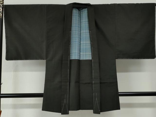 平和屋着物●男性　紬　アンサンブル　色無地　憲法黒茶色　正絹　逸品　未使用　CABE2407yc