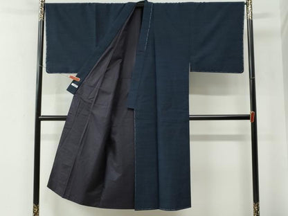 平和屋着物●男性　信州織つむぎ　アンサンブル　色無地　留紺色　証紙付き　正絹　逸品　未使用　CABE2408yc