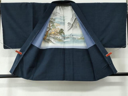 平和屋着物●男性　信州織つむぎ　アンサンブル　色無地　留紺色　証紙付き　正絹　逸品　未使用　CABE2408yc