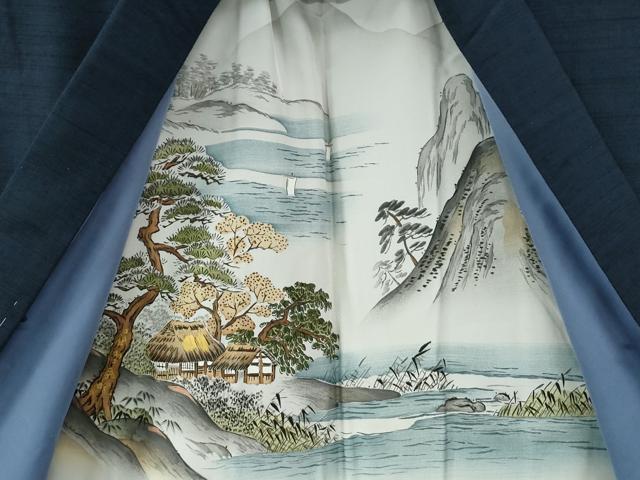 平和屋着物●男性　信州織つむぎ　アンサンブル　色無地　留紺色　証紙付き　正絹　逸品　未使用　CABE2408yc