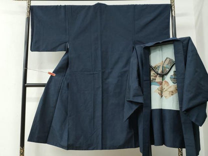 平和屋着物●男性　紬　アンサンブル　色無地　留紺色　正絹　逸品　CABE2410yc