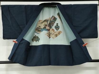 平和屋着物●男性　紬　アンサンブル　色無地　留紺色　正絹　逸品　CABE2410yc
