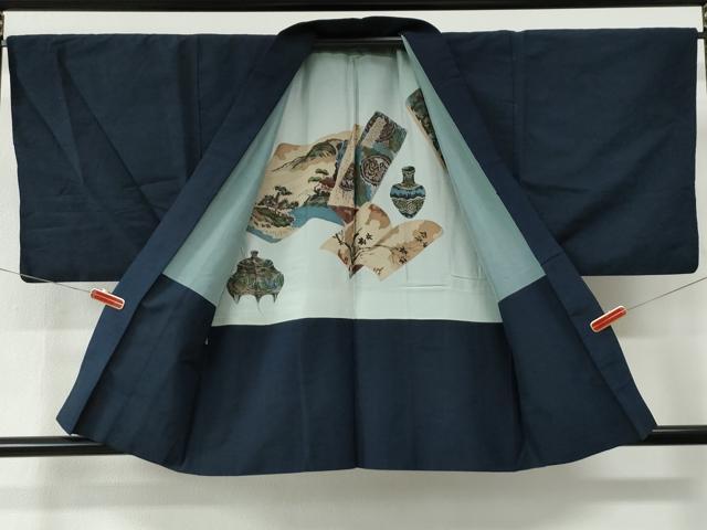 平和屋着物●男性　紬　アンサンブル　色無地　留紺色　正絹　逸品　CABE2410yc