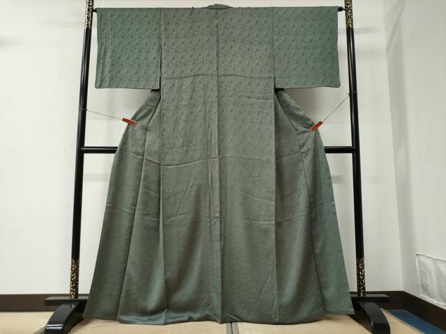 平和屋着物●創業280年　誉田屋源兵衛　色無地　更紗花唐草地紋　老竹色　小大丸　鈴乃屋扱い　正絹　逸品　CABE2414yc