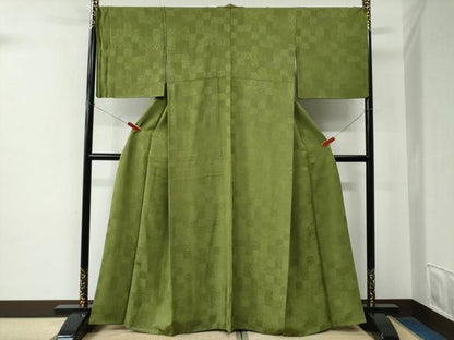 平和屋着物●上質な色無地　吉祥花唐草地紋　青丹色　正絹　逸品　CABE2452yc