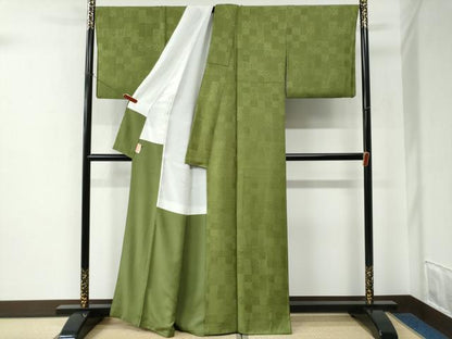 平和屋着物●上質な色無地　吉祥花唐草地紋　青丹色　正絹　逸品　CABE2452yc