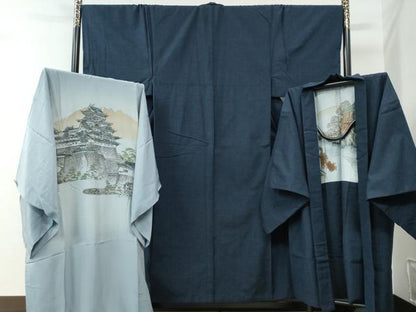 平和屋着物●男性　紬　アンサンブル・長襦袢セット　色無地　濃藍色　正絹　逸品　CABE2468yc