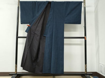 平和屋着物●男性　紬　アンサンブル・長襦袢セット　色無地　濃藍色　正絹　逸品　CABE2468yc