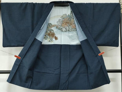 平和屋着物●男性　紬　アンサンブル・長襦袢セット　色無地　濃藍色　正絹　逸品　CABE2468yc
