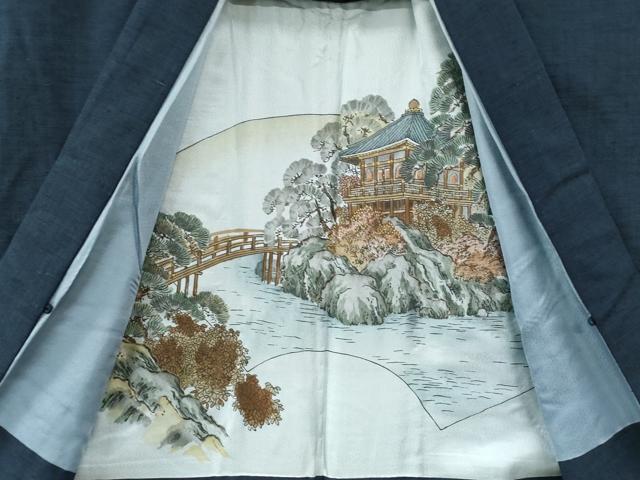 平和屋着物●男性　紬　アンサンブル・長襦袢セット　色無地　濃藍色　正絹　逸品　CABE2468yc