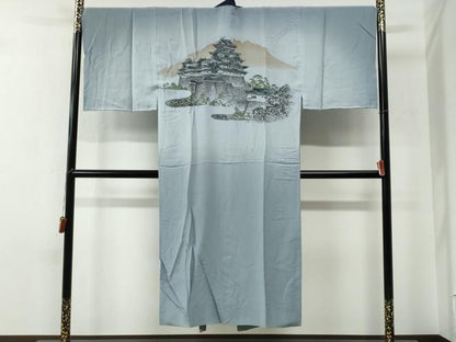 平和屋着物●男性　紬　アンサンブル・長襦袢セット　色無地　濃藍色　正絹　逸品　CABE2468yc