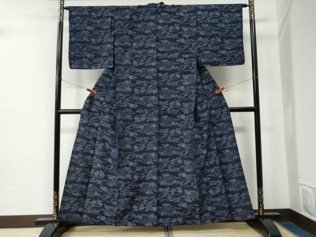 平和屋着物●久留米絣　単衣　松皮菱草花文　綿　逸品　CABE2498yc
