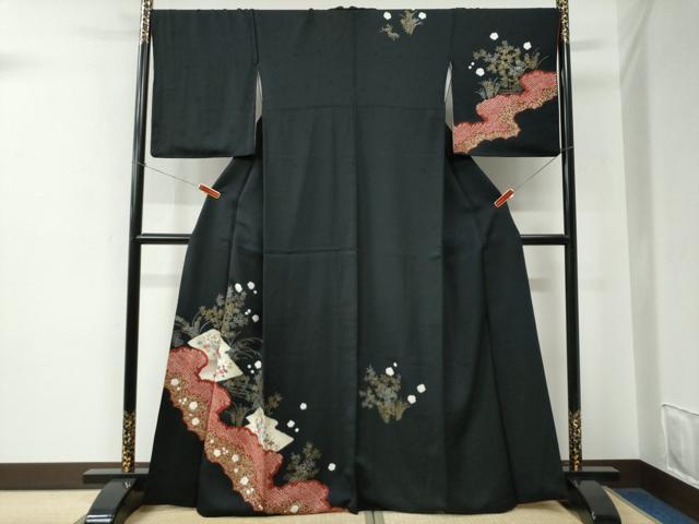 平和屋着物●訪問着　絞り　刺繍　鴛鴦松皮菱草花文　黒地　金彩　正絹　逸品　CABE2504yc