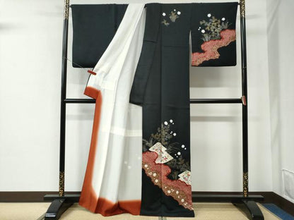 平和屋着物●訪問着　絞り　刺繍　鴛鴦松皮菱草花文　黒地　金彩　正絹　逸品　CABE2504yc