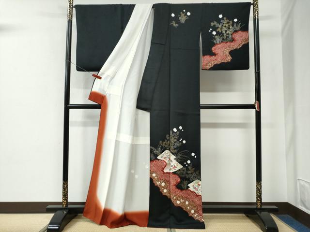 平和屋着物●訪問着　絞り　刺繍　鴛鴦松皮菱草花文　黒地　金彩　正絹　逸品　CABE2504yc