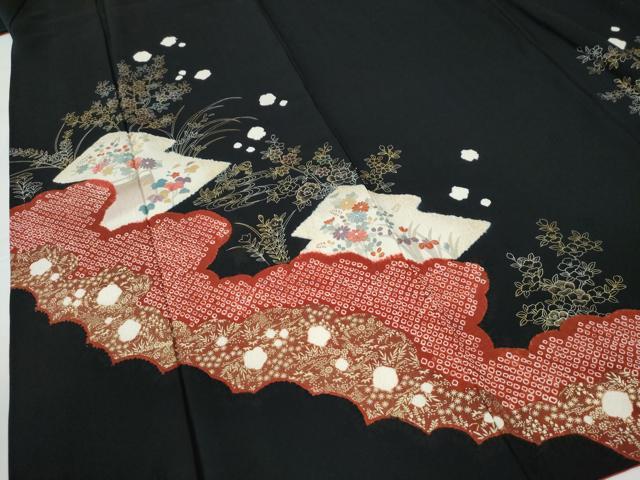 平和屋着物●訪問着　絞り　刺繍　鴛鴦松皮菱草花文　黒地　金彩　正絹　逸品　CABE2504yc