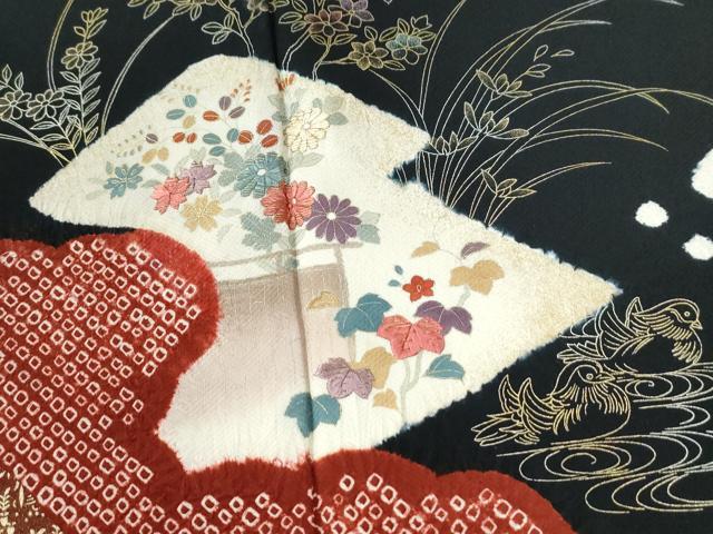 平和屋着物●訪問着　絞り　刺繍　鴛鴦松皮菱草花文　黒地　金彩　正絹　逸品　CABE2504yc