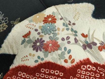 平和屋着物●訪問着　絞り　刺繍　鴛鴦松皮菱草花文　黒地　金彩　正絹　逸品　CABE2504yc