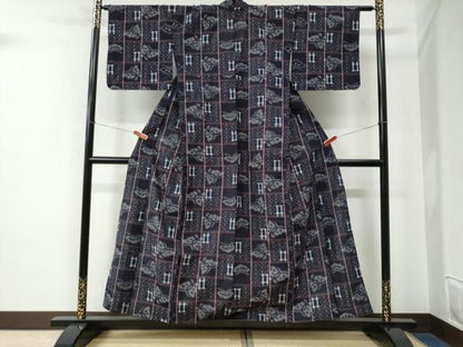 平和屋着物●久留米絣　単衣　格子吉祥舞蝶文　綿　逸品　CABE2506yc