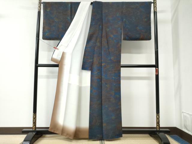 平和屋着物●上質な小紋　作家物　型染め　浜松風景文　鬼しぼ縮緬　正絹　逸品　未使用　CABE2513yc 平和屋着物▽上質な小紋 単衣 型染め 風景花文 鬼しぼ縮緬 やまと誂製