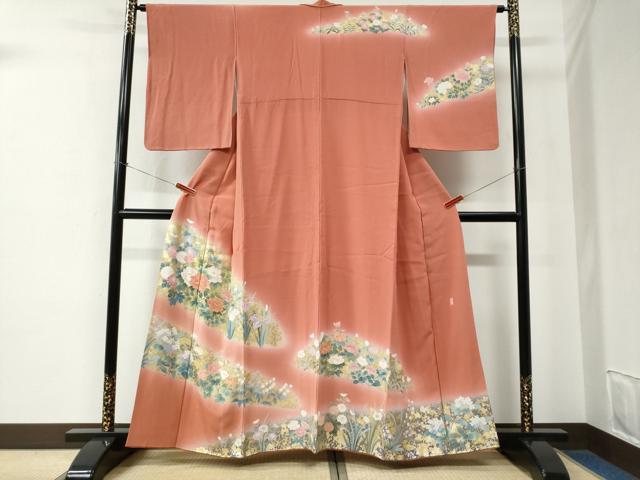 平和屋着物●訪問着　作家物　牡丹草花文　暈し染め　金銀彩　正絹　逸品　CABE2516yc