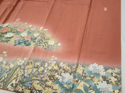 平和屋着物●訪問着　作家物　牡丹草花文　暈し染め　金銀彩　正絹　逸品　CABE2516yc