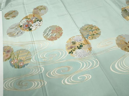 平和屋着物●色留訪問着　駒刺繍　流水雪輪鼓飛鶴牡丹花文　暈し染め　金彩　正絹　逸品　CABE2518yc