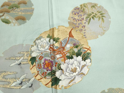 平和屋着物●色留訪問着　駒刺繍　流水雪輪鼓飛鶴牡丹花文　暈し染め　金彩　正絹　逸品　CABE2518yc