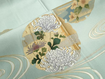 平和屋着物●色留訪問着　駒刺繍　流水雪輪鼓飛鶴牡丹花文　暈し染め　金彩　正絹　逸品　CABE2518yc