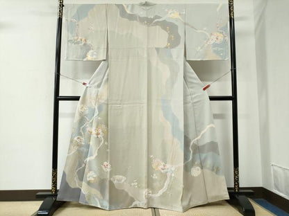 平和屋着物●訪問着　駒刺繍　雪輪地紙鳳凰草花文　金彩　正絹　逸品　CABE2532yc