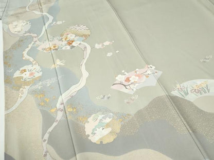平和屋着物●訪問着　駒刺繍　雪輪地紙鳳凰草花文　金彩　正絹　逸品　CABE2532yc