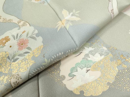 平和屋着物●訪問着　駒刺繍　雪輪地紙鳳凰草花文　金彩　正絹　逸品　CABE2532yc