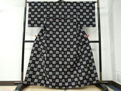 平和屋着物●久留米絣　単衣　変わり市松吉祥文　綿　逸品　CABE2538yc