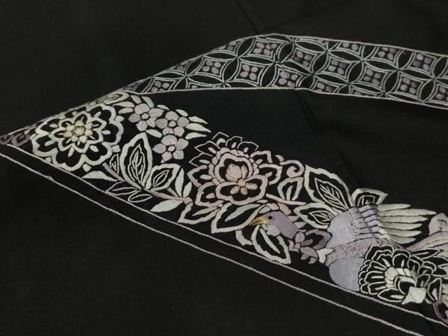 平和屋着物●訪問着　駒刺繍　総刺繍　鬘帯鳳凰更紗吉祥花文　黒地　金糸　ますいわ屋扱い　正絹　逸品　CABE2543yc