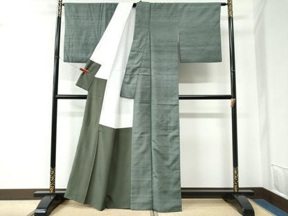 平和屋着物●上質な紬　色無地　青丹色　正絹　逸品　CABE2545yc