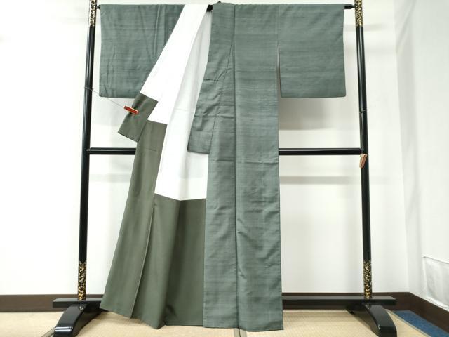 平和屋着物●上質な紬　色無地　青丹色　正絹　逸品　CABE2545yc