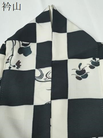 平和屋着物●上質な小紋　型染め　変わり市松　流水　枝花文　正絹　逸品　CABE2549yc
