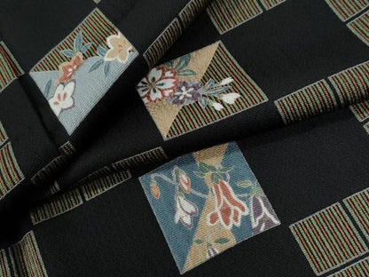 平和屋着物●上質な小紋　市松吉祥草花文　黒地　大丸扱い　正絹　逸品　CABE2550yc