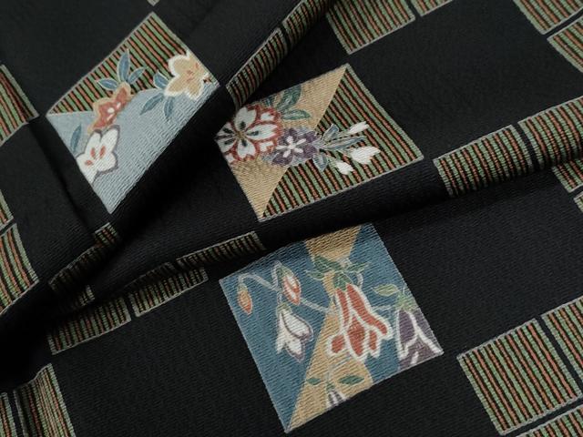平和屋着物●上質な小紋　市松吉祥草花文　黒地　大丸扱い　正絹　逸品　CABE2550yc