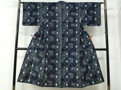 平和屋着物●久留米絣　単衣　短冊菱唐草文　綿　逸品　CABE2558yc
