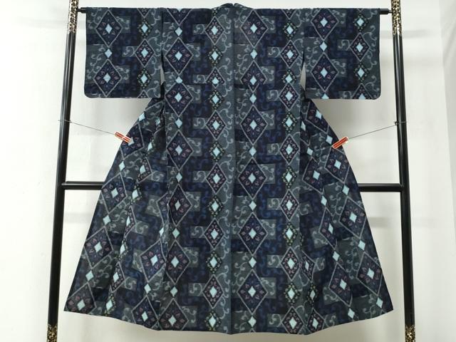 平和屋着物●久留米絣　単衣　短冊菱唐草文　綿　逸品　CABE2558yc