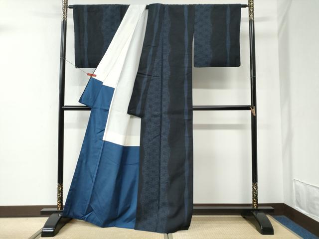 平和屋着物●結城紬　80亀甲　飛び亀甲柄　よろけ縞　麻の葉文様　正絹　逸品　CABE2560yc