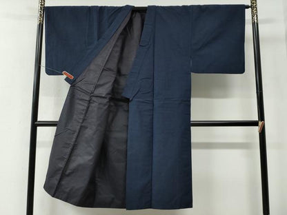 平和屋着物●男性　紬　アンサンブル　色無地　濃藍色　正絹　逸品　CABE2567yc
