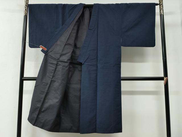 平和屋着物●男性　紬　アンサンブル　色無地　濃藍色　正絹　逸品　CABE2567yc