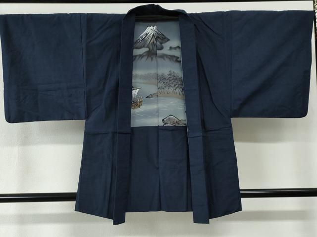 平和屋着物●男性　紬　アンサンブル　色無地　濃藍色　正絹　逸品　CABE2567yc