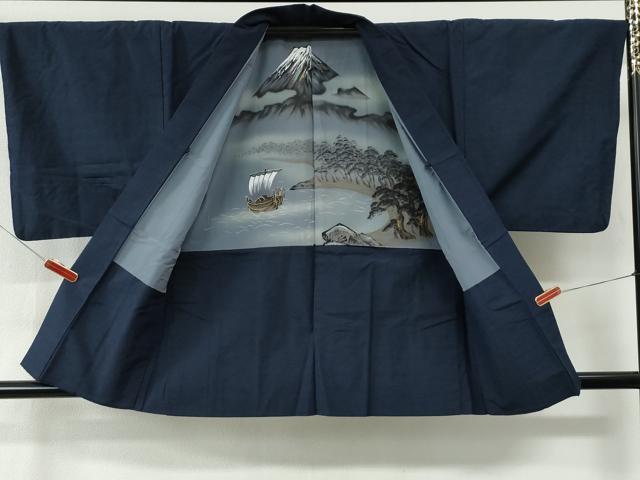 平和屋着物●男性　紬　アンサンブル　色無地　濃藍色　正絹　逸品　CABE2567yc