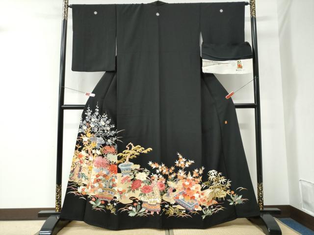 平和屋着物●豪華黒留袖　友禅　作家物　乱菊松竹梅花文　反端付き　正絹　逸品　CABE2577yc