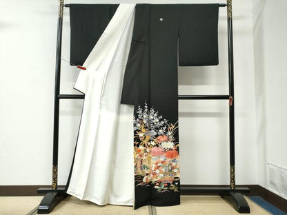 平和屋着物●豪華黒留袖　友禅　作家物　乱菊松竹梅花文　反端付き　正絹　逸品　CABE2577yc