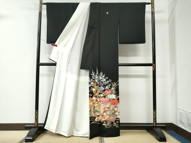平和屋着物●豪華黒留袖　友禅　作家物　乱菊松竹梅花文　反端付き　正絹　逸品　CABE2577yc
